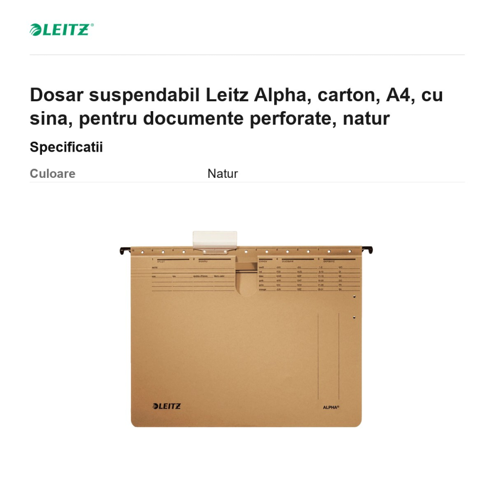 Dosar suspendabil Leitz Alpha, carton, A4, cu sina, pentru documente perforate, natur [3]