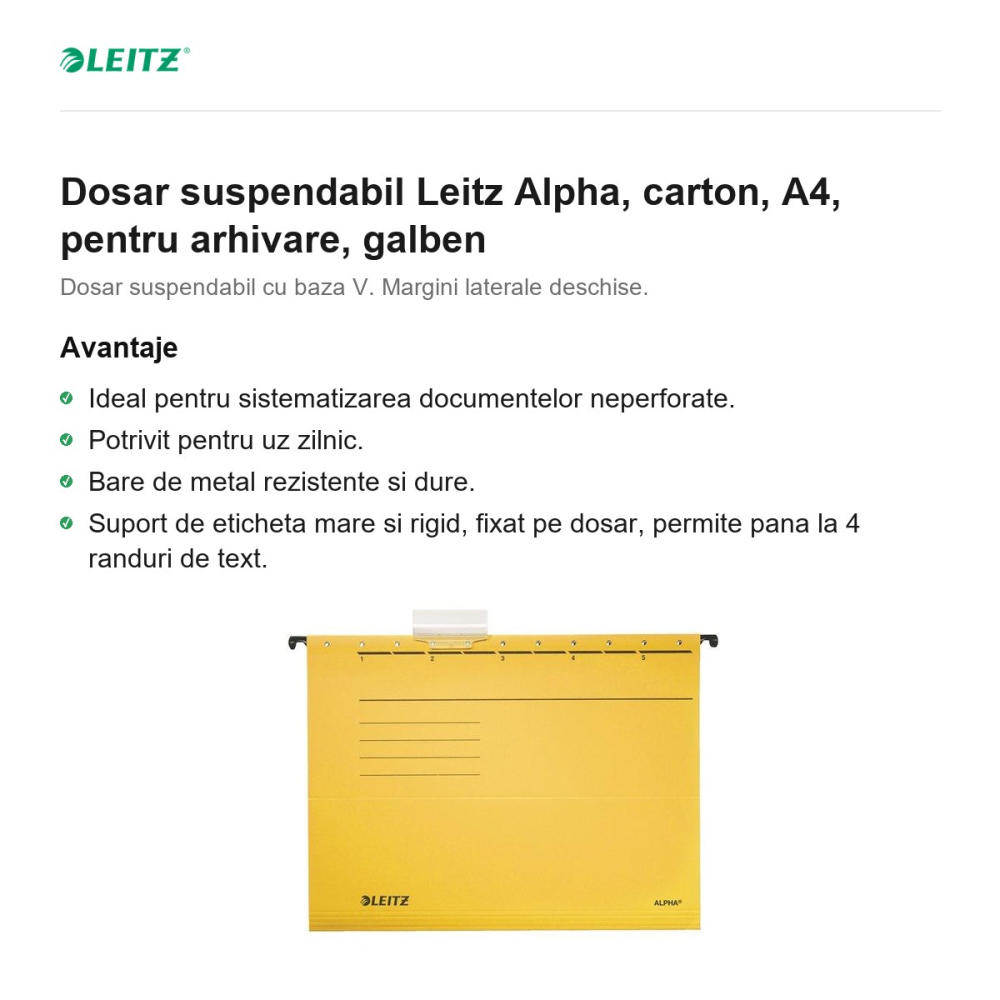 Dosar suspendabil Leitz Alpha, carton, A4, pentru arhivare, galben [2]