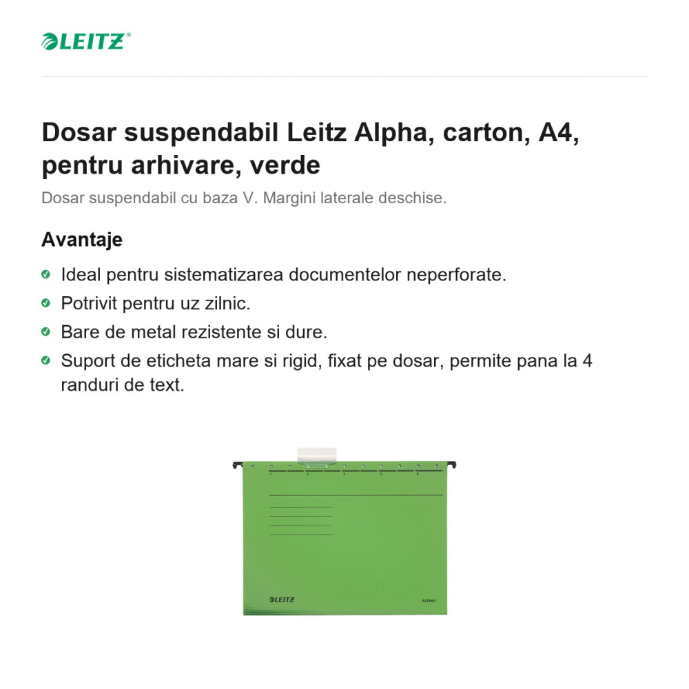 Dosar suspendabil Leitz Alpha, carton, A4, pentru arhivare, verde [2]