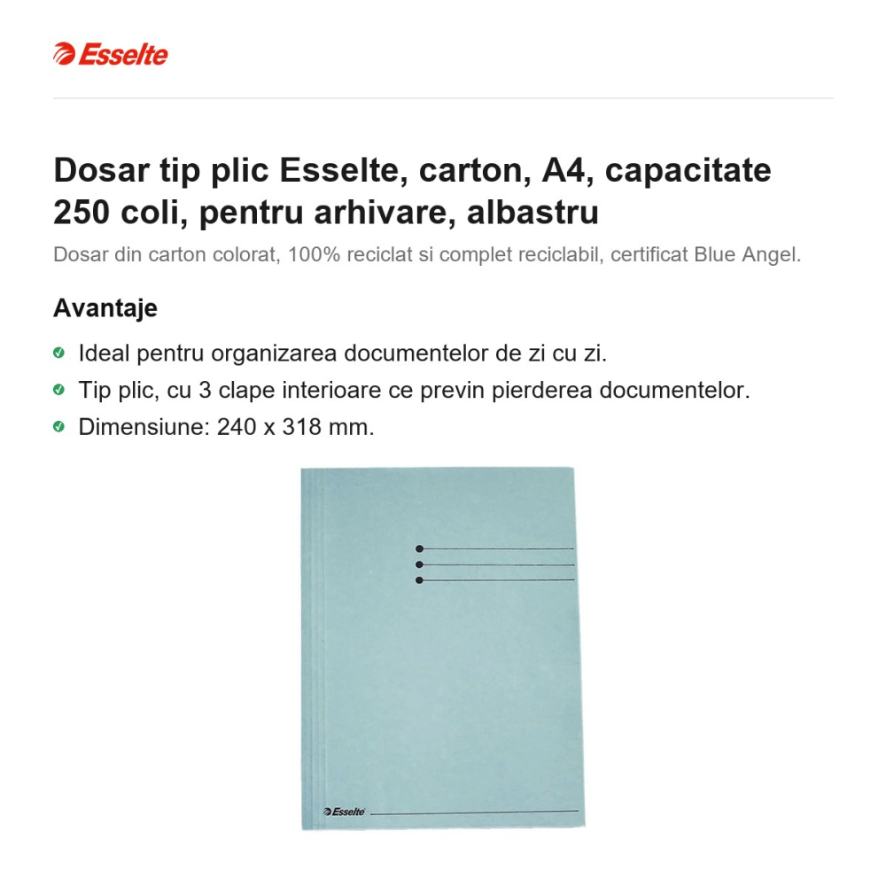 Dosar tip plic Esselte, carton, A4, capacitate 250 coli, pentru arhivare, albastru [2]