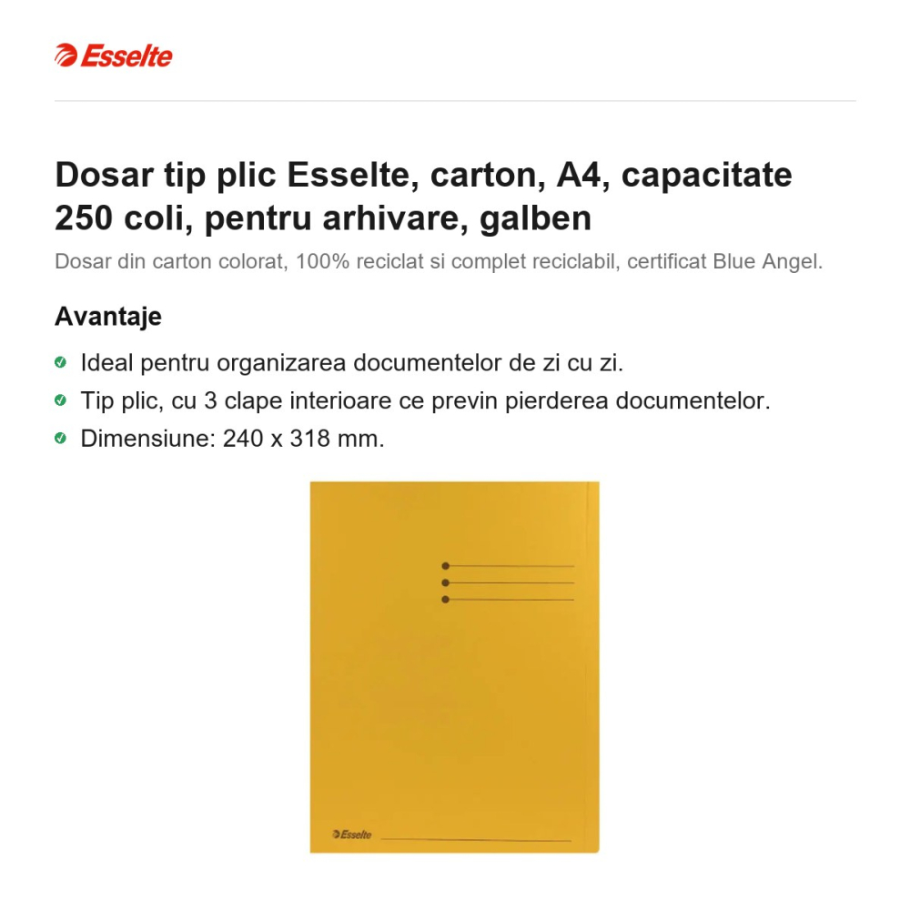 Dosar tip plic Esselte, carton, A4, capacitate 250 coli, pentru arhivare, galben [2]