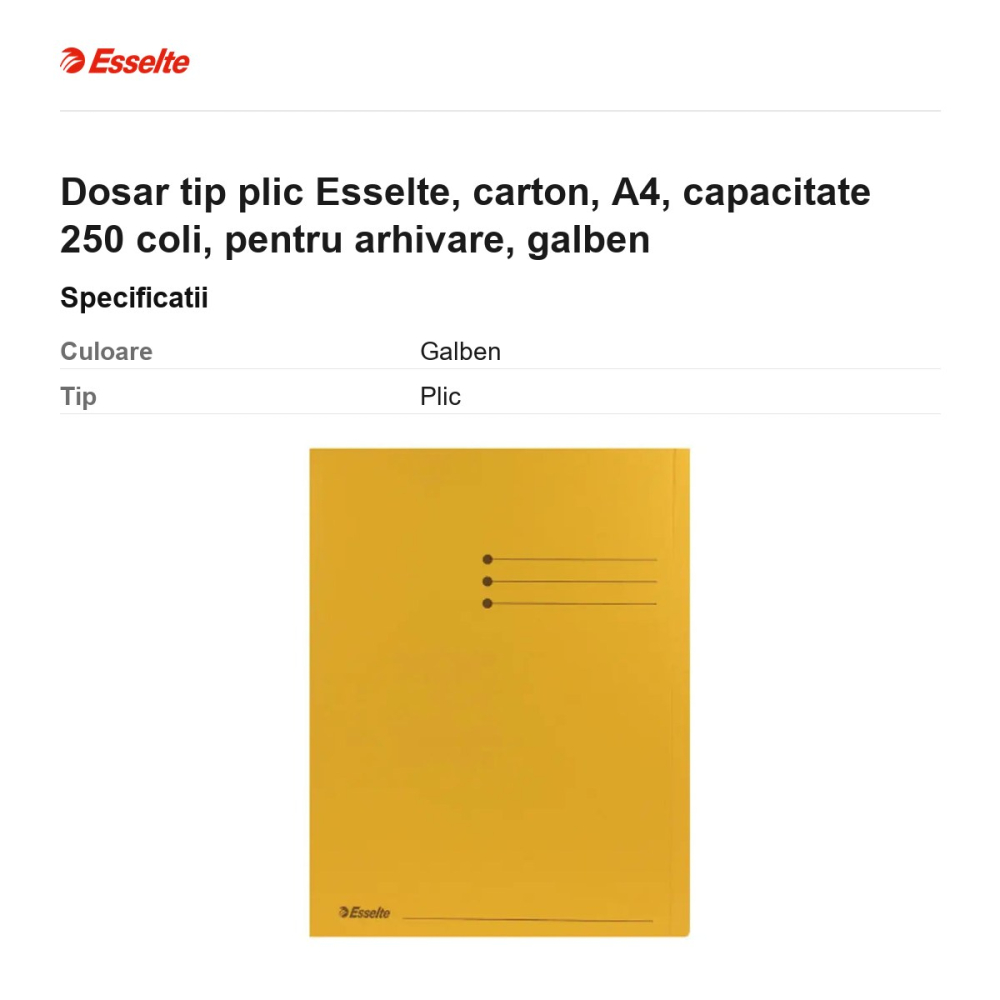 Dosar tip plic Esselte, carton, A4, capacitate 250 coli, pentru arhivare, galben [3]