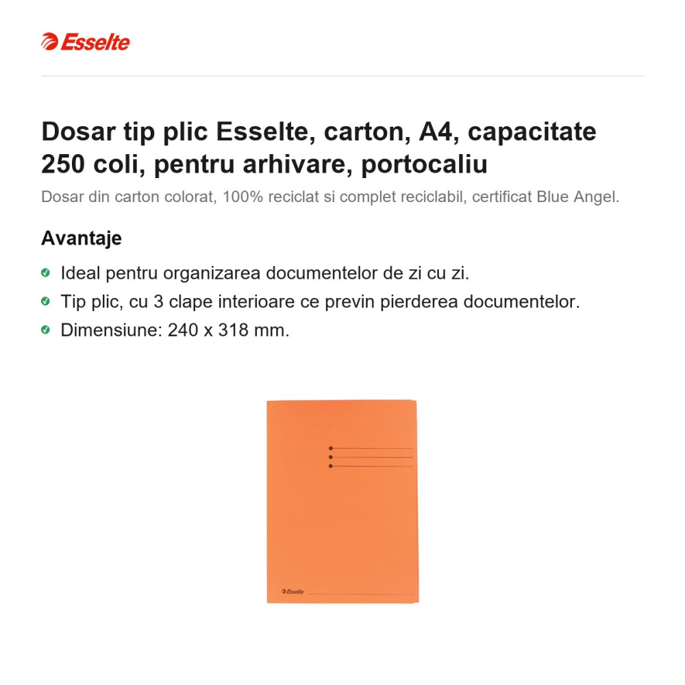 Dosar tip plic Esselte, carton, A4, capacitate 250 coli, pentru arhivare, portocaliu [2]
