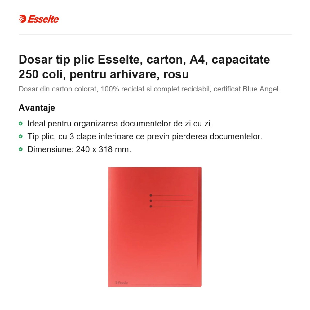 Dosar tip plic Esselte, carton, A4, capacitate 250 coli, pentru arhivare, rosu [2]