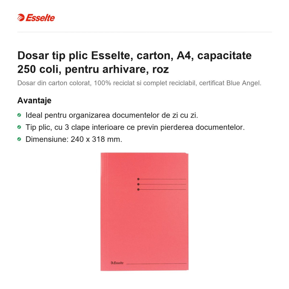 Dosar tip plic Esselte, carton, A4, capacitate 250 coli, pentru arhivare, roz [2]
