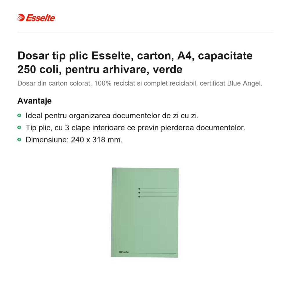 Dosar tip plic Esselte, carton, A4, capacitate 250 coli, pentru arhivare, verde [2]