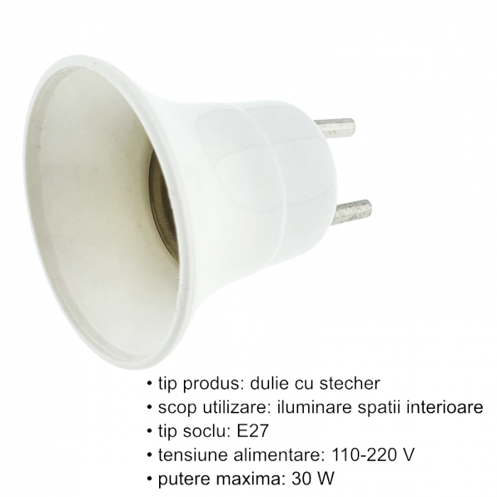 Dulie cu stecher, pentru bec, fasung E27, din plastic, cu conectare la priza retea electrica, alba [6]