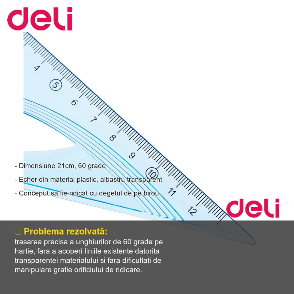 Echer plastic transparent Deli, 60 grade, 18 cm, albastru, pentru scoala si desen tehnic [2]