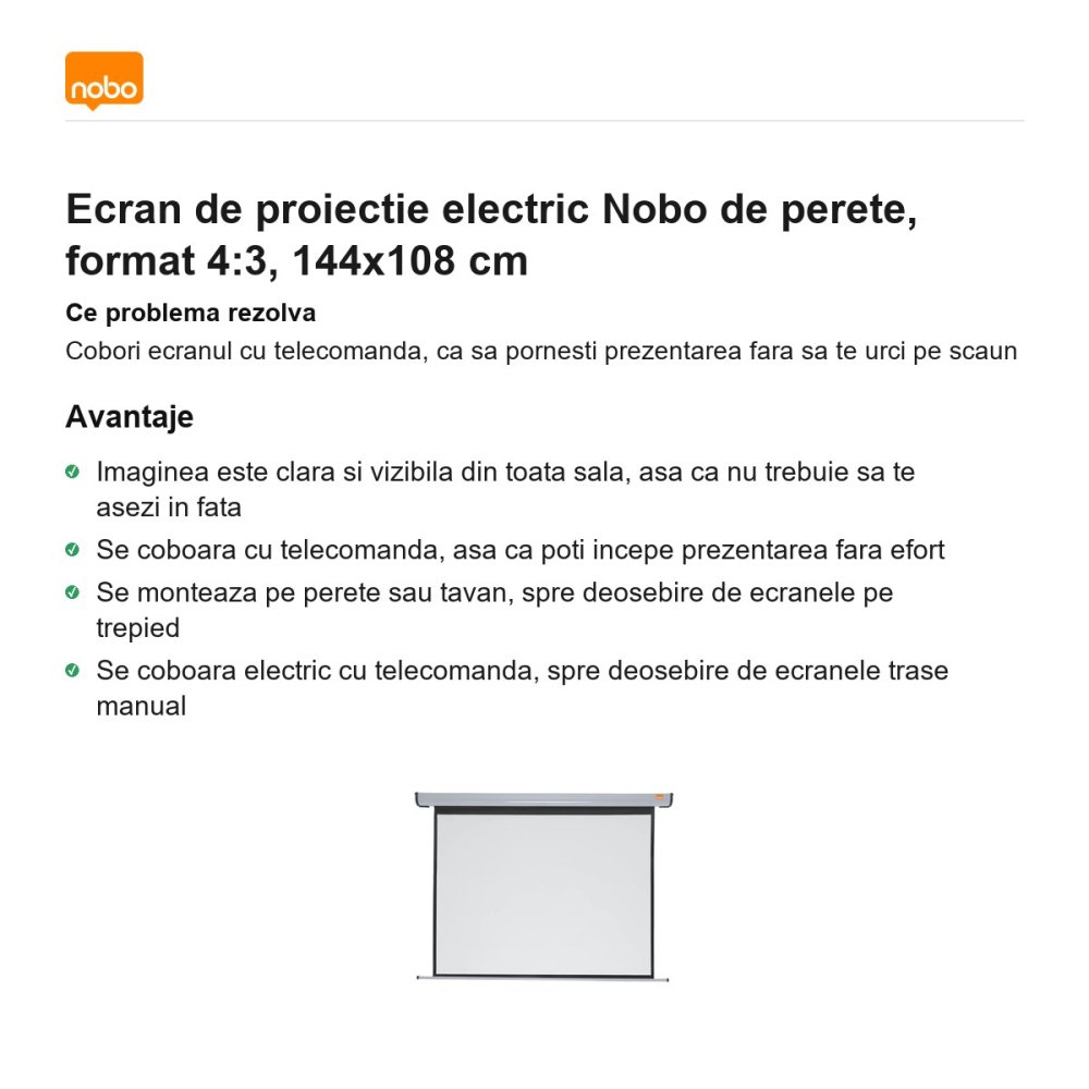 Ecran de proiectie electric Nobo de perete, format 4:3, 144x108 cm [2]