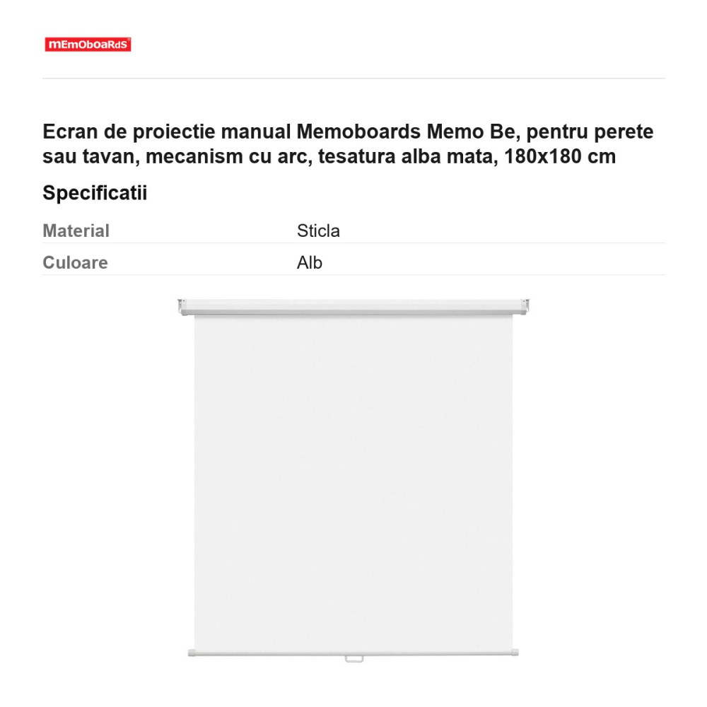 Ecran de proiectie manual Memoboards Memo Be, pentru perete sau tavan, mecanism cu arc, tesatura alba mata, 180x180 cm [3]