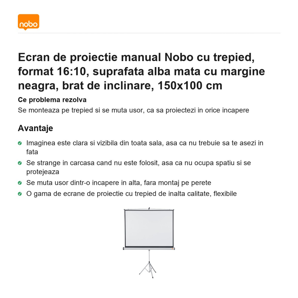Ecran de proiectie manual Nobo cu trepied, format 16:10, suprafata alba mata cu margine neagra, brat de inclinare, 150x100 cm [2]