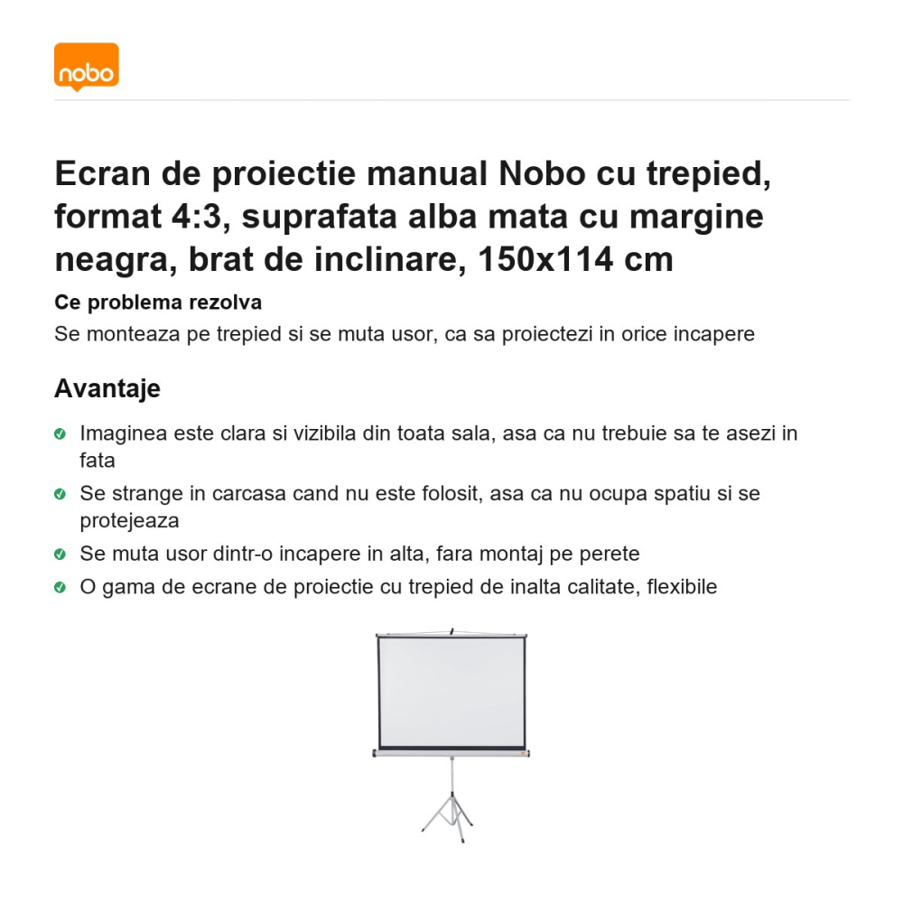 Ecran de proiectie manual Nobo cu trepied, format 4:3, suprafata alba mata cu margine neagra, brat de inclinare, 150x114 cm [2]