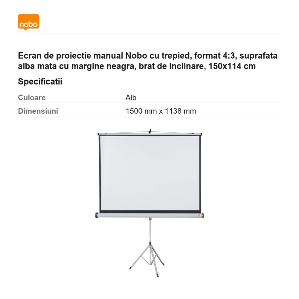 Ecran de proiectie manual Nobo cu trepied, format 4:3, suprafata alba mata cu margine neagra, brat de inclinare, 150x114 cm [3]