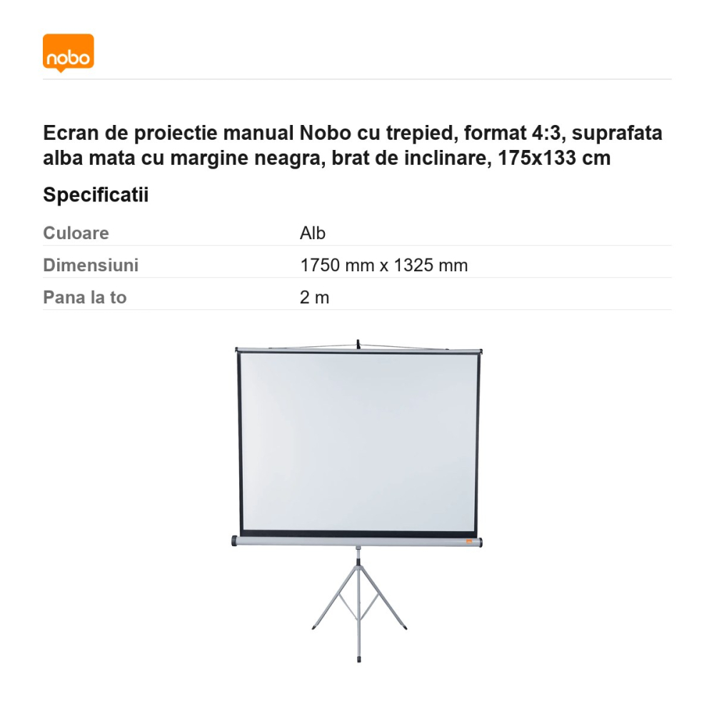 Ecran de proiectie manual Nobo cu trepied, format 4:3, suprafata alba mata cu margine neagra, brat de inclinare, 175x133 cm [3]