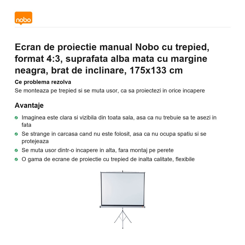 Ecran de proiectie manual Nobo cu trepied, format 4:3, suprafata alba mata cu margine neagra, brat de inclinare, 175x133 cm [2]