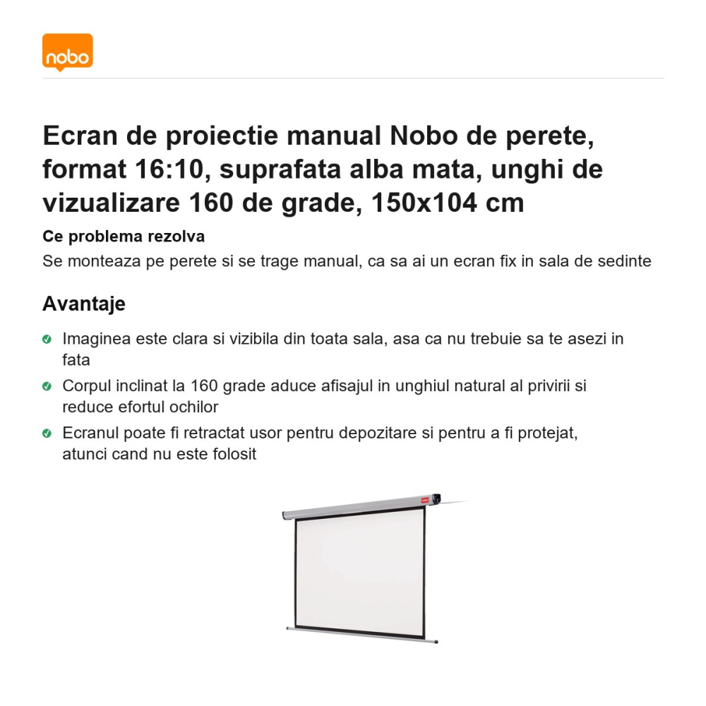 Ecran de proiectie manual Nobo de perete, format 16:10, suprafata alba mata, unghi de vizualizare 160 de grade, 150x104 cm [2]