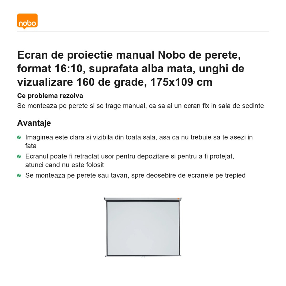 Ecran de proiectie manual Nobo de perete, format 16:10, suprafata alba mata, unghi de vizualizare 160 de grade, 175x109 cm [2]