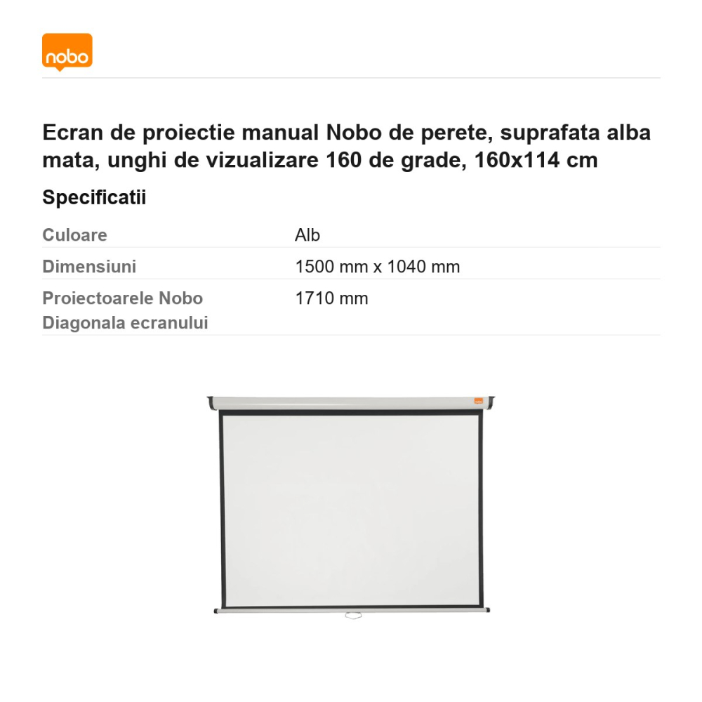 Ecran de proiectie manual Nobo de perete, suprafata alba mata, unghi de vizualizare 160 de grade, 160x114 cm [3]