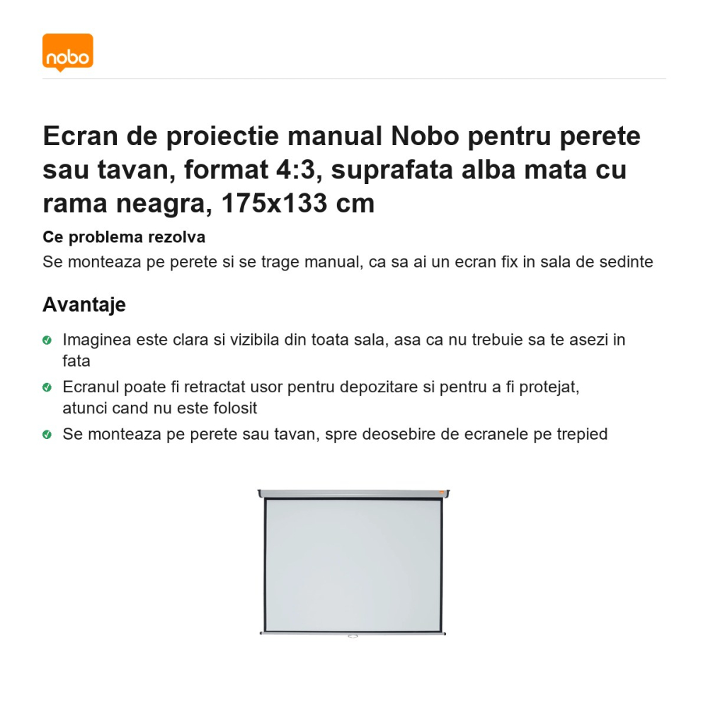 Ecran de proiectie manual Nobo pentru perete sau tavan, format 4:3, suprafata alba mata cu rama neagra, 175x133 cm [2]
