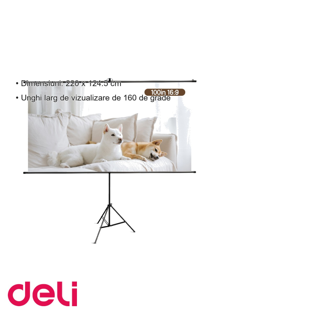 Ecran de proiectie manual pe trepied Deli, 220 x 124.5 cm (100 inch), unghi de vizualizare 160 grade, pentru prezentari si home cinema [3]