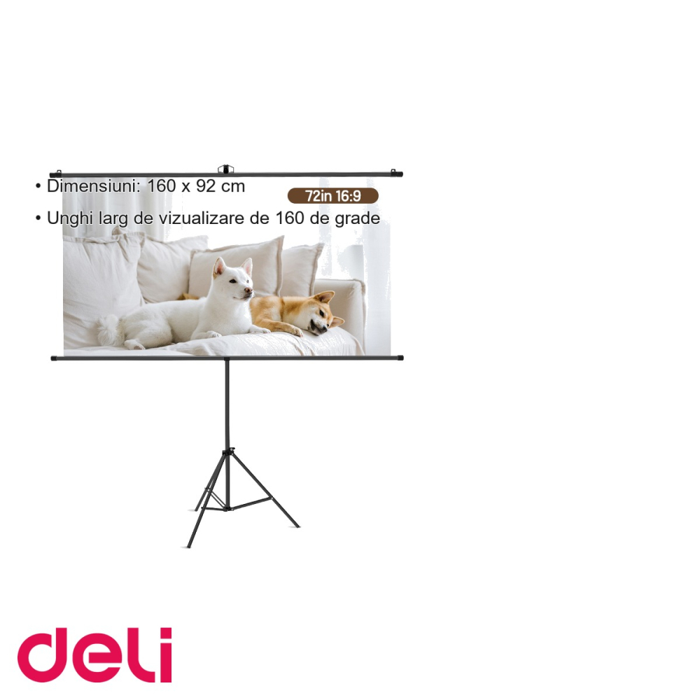 Ecran proiectie manual pe trepied Deli, 160 x 92 cm (72 inch), unghi vizualizare 160 grade, pentru prezentari si home cinema [3]