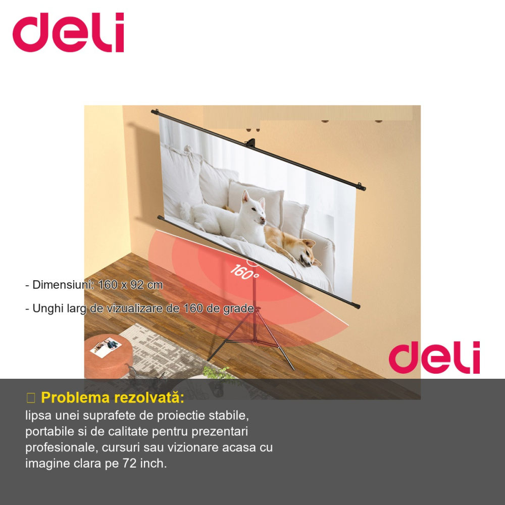 Ecran proiectie manual pe trepied Deli, 160 x 92 cm (72 inch), unghi vizualizare 160 grade, pentru prezentari si home cinema [2]