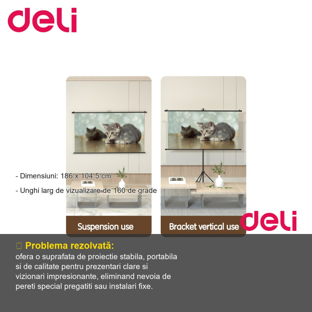 Ecran proiectie manual pe trepied Deli, 84 inch (186 x 104.5 cm), unghi vizualizare 160 grade, pentru prezentari si home cinema [2]