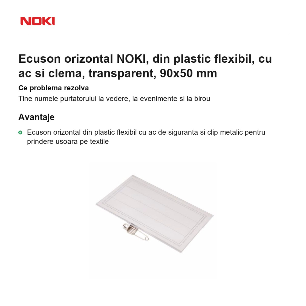 Ecuson orizontal NOKI, din plastic flexibil, cu ac si clema, transparent, 90x50 mm [2]
