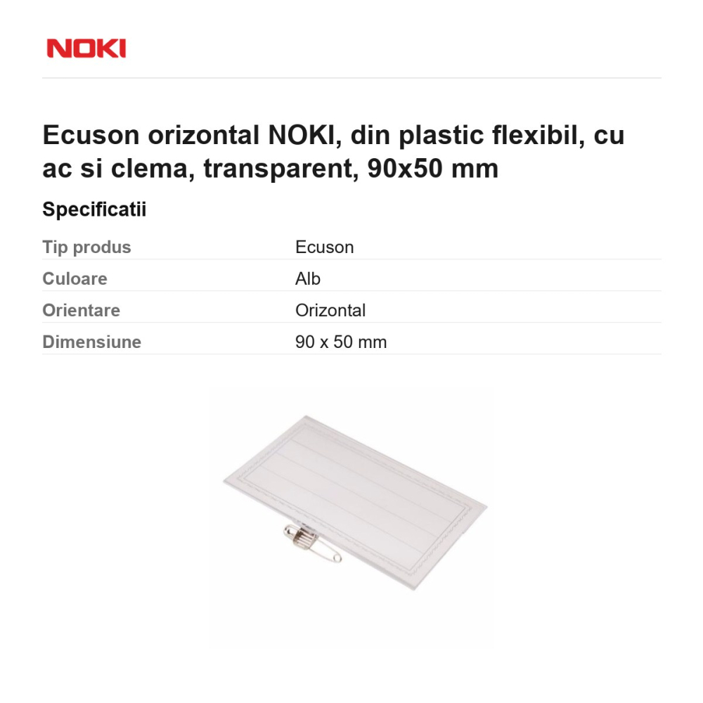 Ecuson orizontal NOKI, din plastic flexibil, cu ac si clema, transparent, 90x50 mm [3]