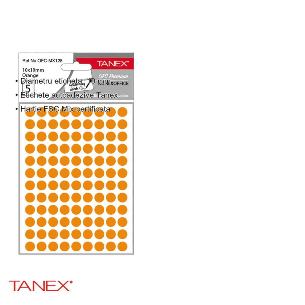 Etichete autoadezive rotunde Tanex, diametru 10 mm, culoare portocaliu, set 540 bucati, hartie FSC certificata [3]