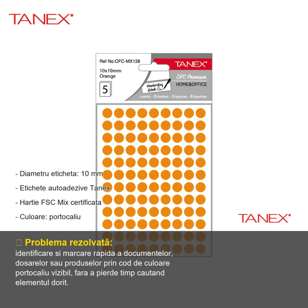 Etichete autoadezive rotunde Tanex, diametru 10 mm, culoare portocaliu, set 540 bucati, hartie FSC certificata [2]