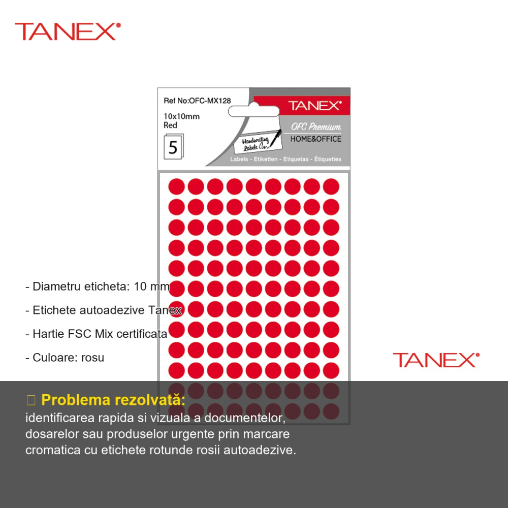 Etichete autoadezive rotunde Tanex, diametru 10 mm, culoare rosie, set 540 bucati, hartie FSC certificata [2]