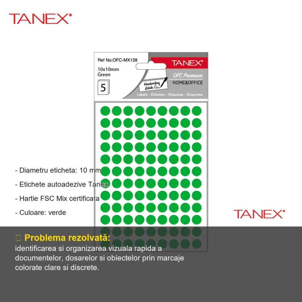 Etichete autoadezive rotunde Tanex, diametru 10 mm, culoare verde, set 540 bucati, hartie FSC certificata [2]