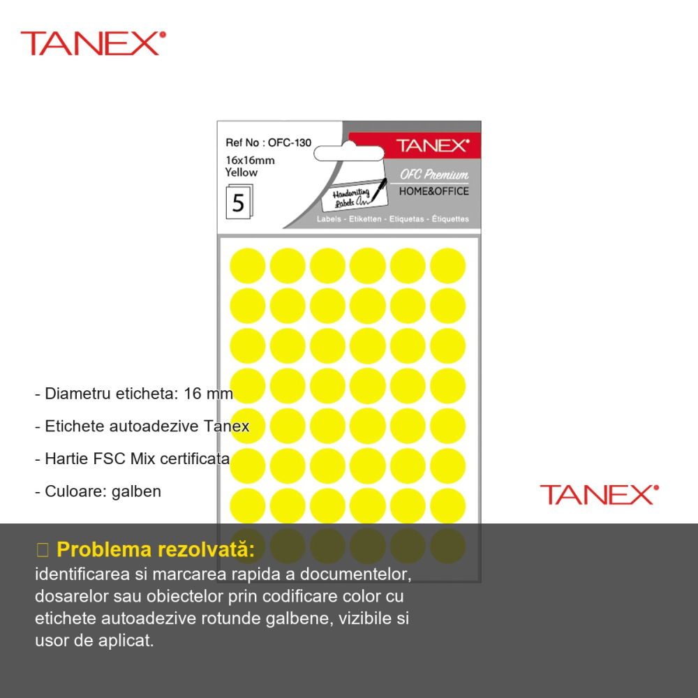 Etichete autoadezive rotunde Tanex, diametru 16 mm, culoare galbena, set 240 bucati [2]