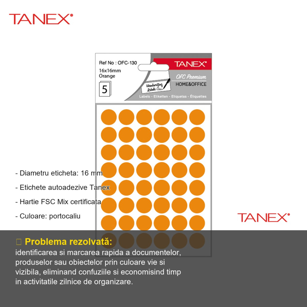 Etichete autoadezive rotunde Tanex, diametru 16 mm, culoare portocaliu, set 240 bucati, hartie FSC certificata [2]