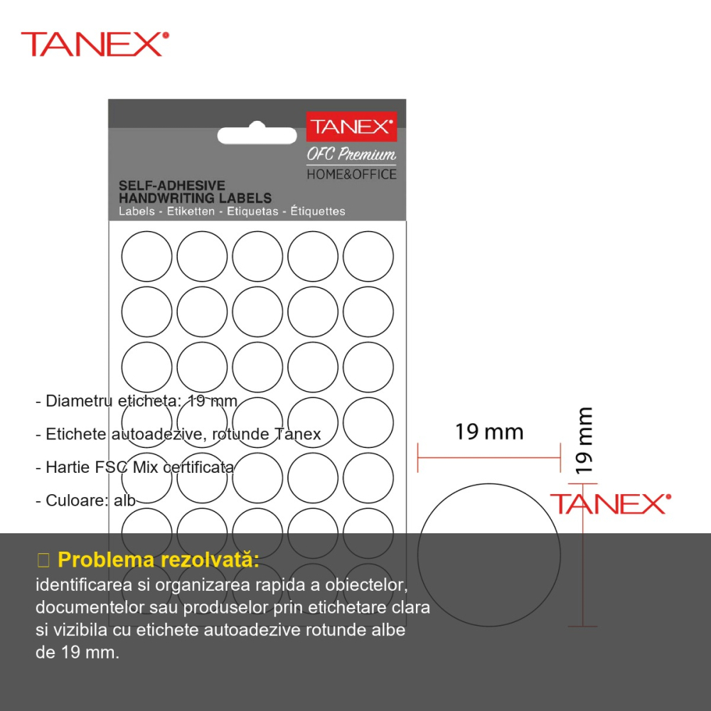 Etichete autoadezive rotunde Tanex, diametru 19 mm, albe, hartie FSC certificata, 350 bucati/set [2]
