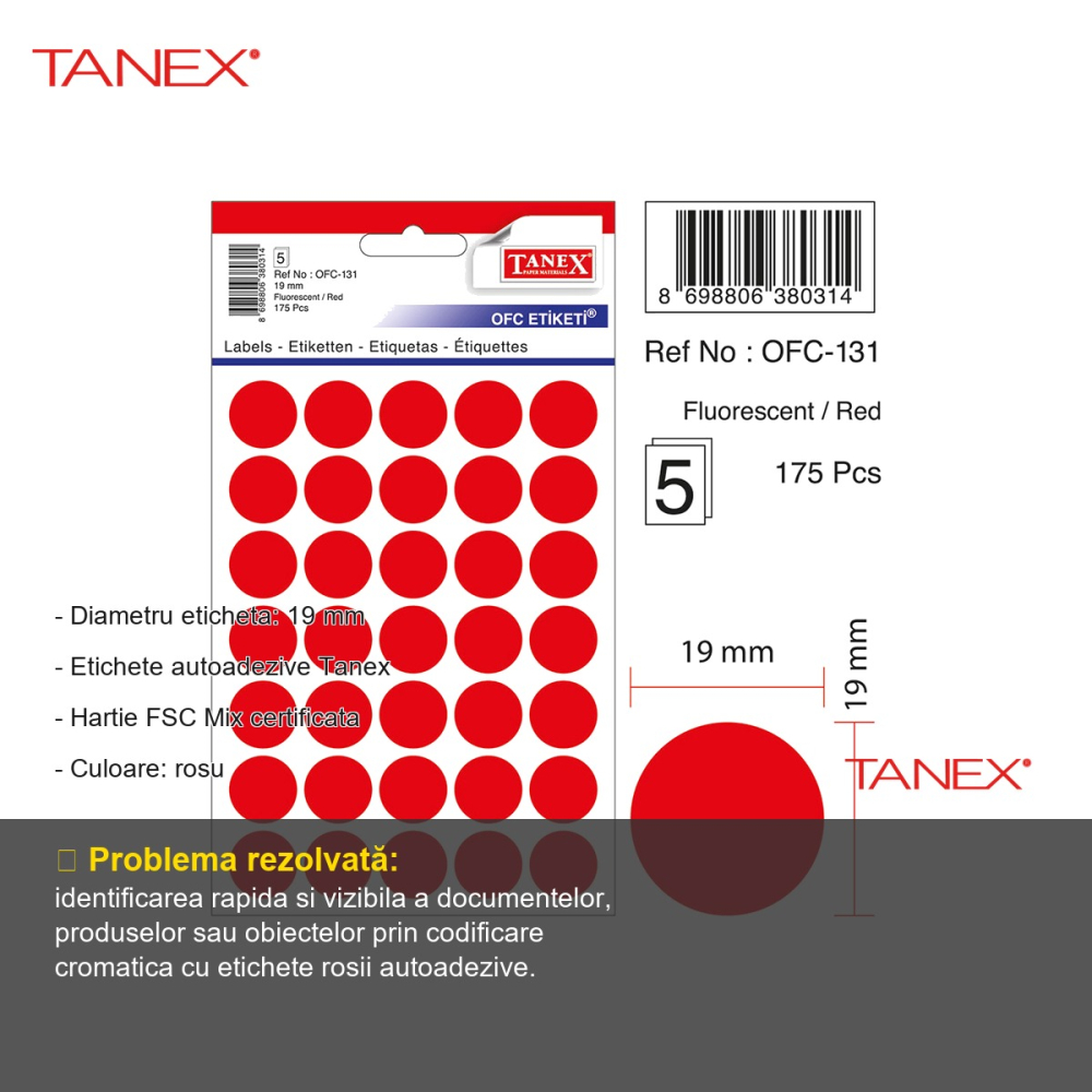 Etichete autoadezive rotunde Tanex, diametru 19 mm, culoare rosie, set 175 bucati pe folii [2]
