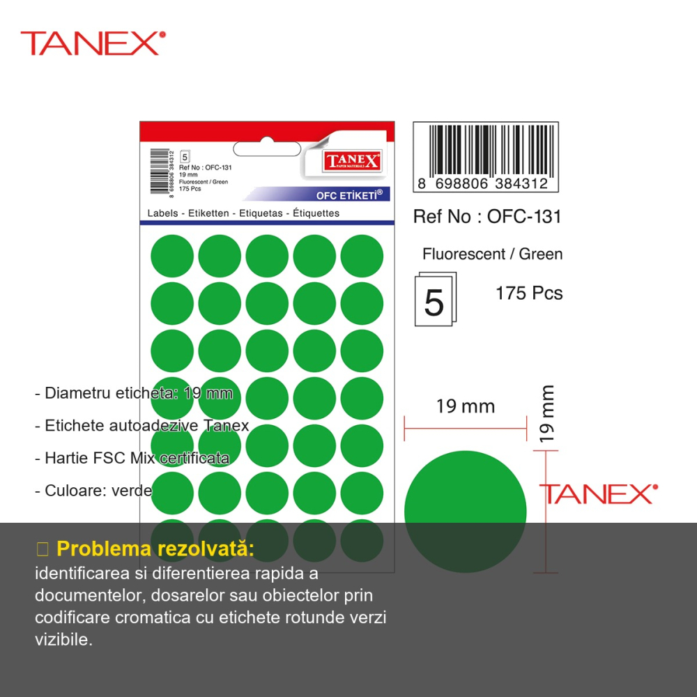 Etichete autoadezive rotunde Tanex, diametru 19 mm, culoare verde, set 175 bucati pe folii [2]
