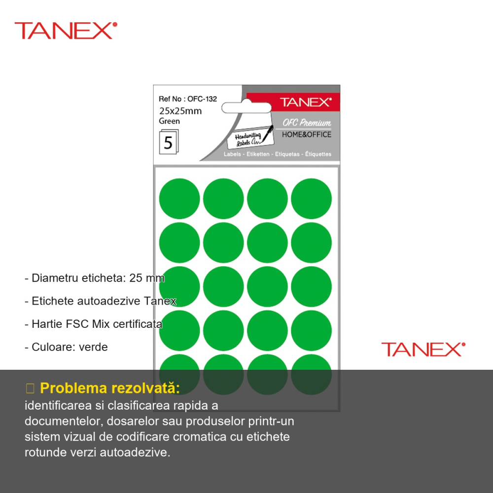 Etichete autoadezive rotunde Tanex, diametru 25 mm, culoare verde, set 100 bucati, pentru organizare si marcare [2]