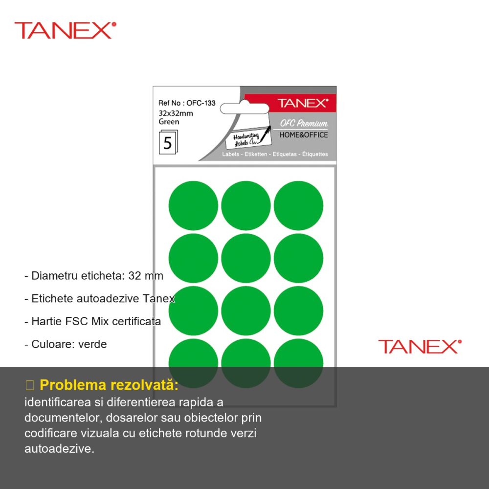 Etichete autoadezive rotunde Tanex, diametru 32 mm, culoare verde, set 60 bucati, pentru organizare si marcare [2]