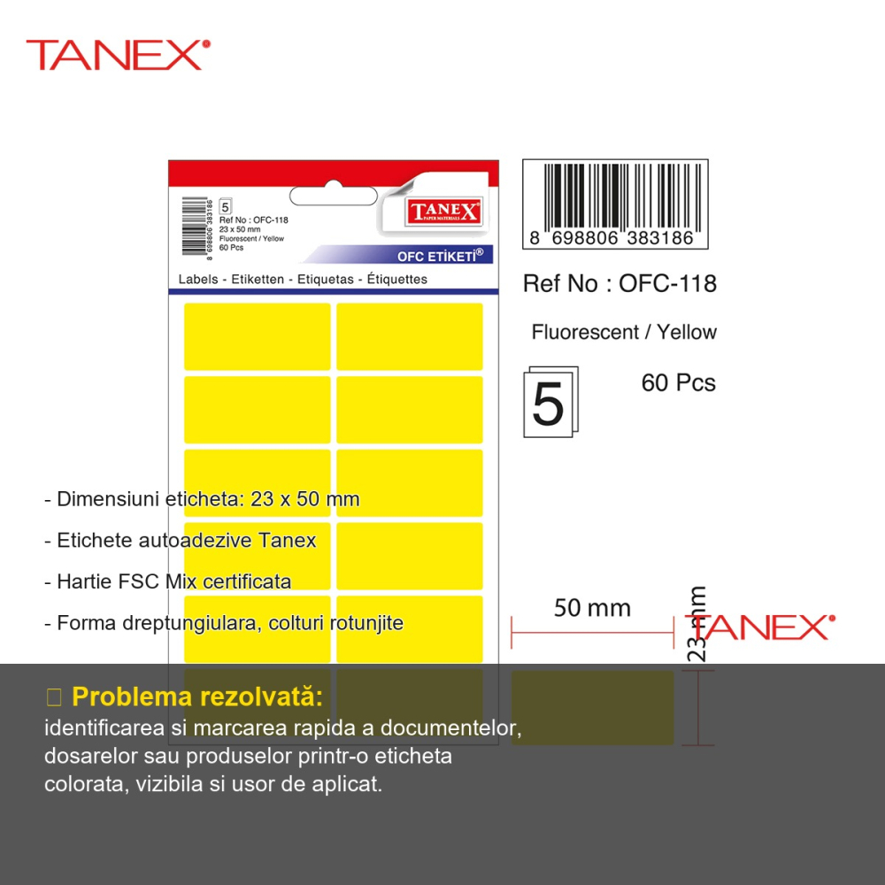 Etichete autoadezive Tanex, dreptunghiulare cu colturi rotunjite, 23x50 mm, galben, set 60 bucati, hartie FSC certificata [2]