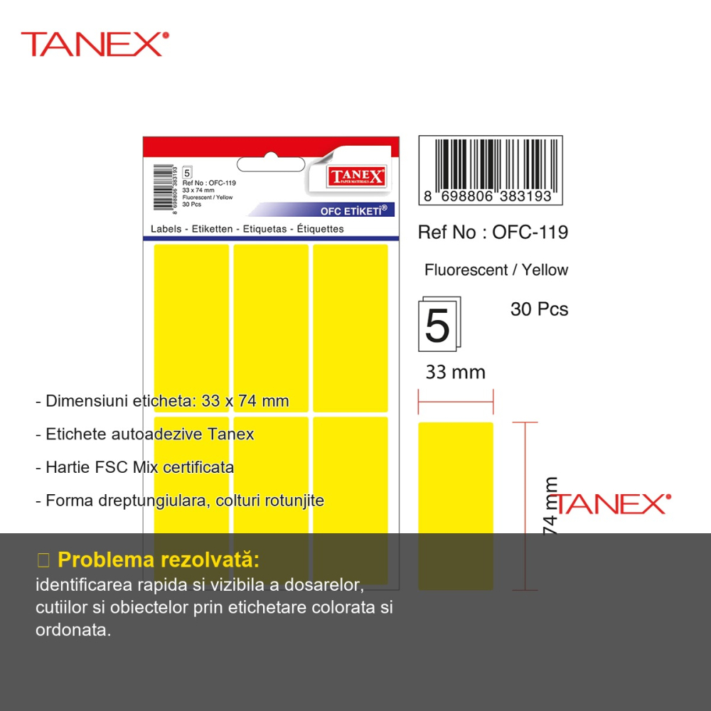 Etichete autoadezive Tanex, dreptunghiulare cu colturi rotunjite, 33x74 mm, galben, set 30 bucati, hartie FSC certificata [2]