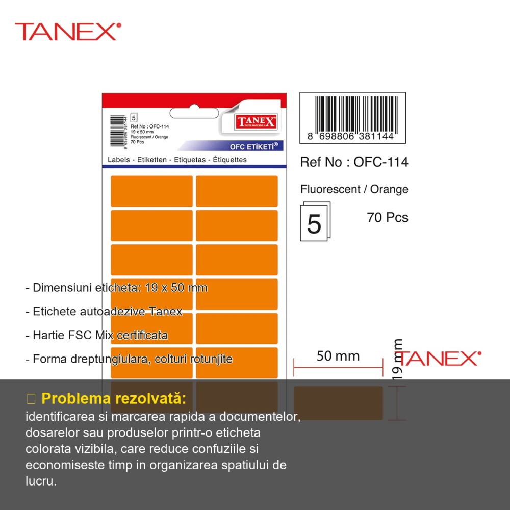 Etichete autoadezive Tanex, dreptunghiulare cu colturi rotunjite, portocalii, 19x50 mm, set 70 bucati, hartie FSC certificata [2]