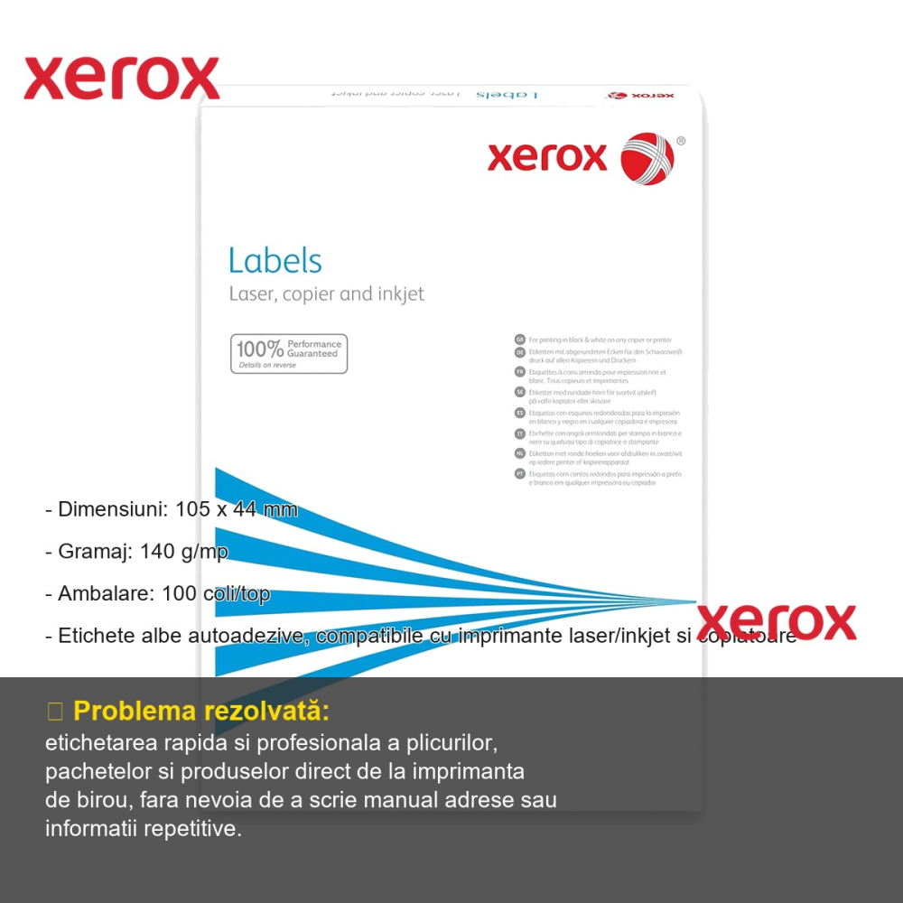 Etichete autoadezive Xerox, 12/A4, 105 x 44 mm, colturi drepte, compatibile laser/inkjet, top 100 coli [2]
