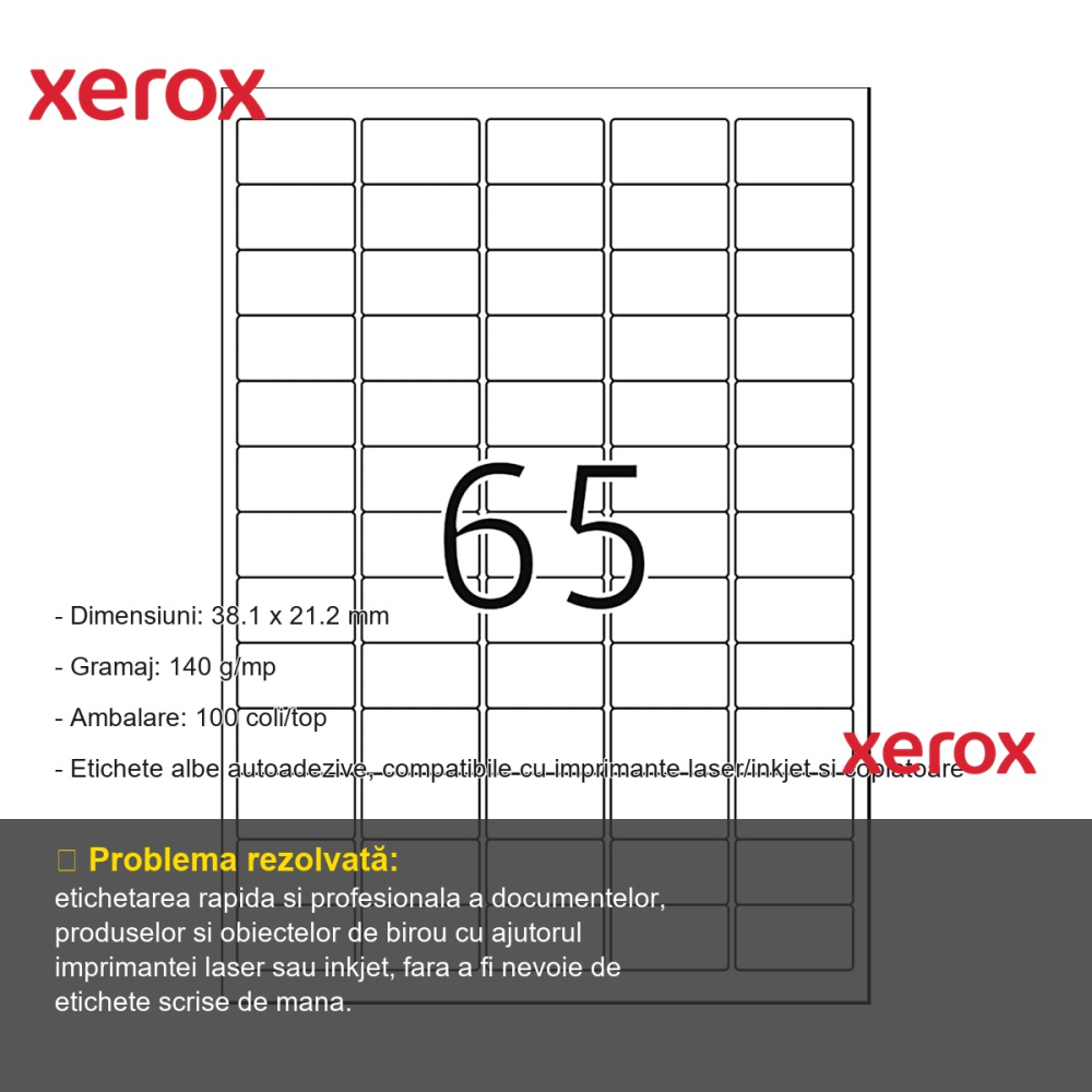 Etichete autoadezive Xerox, 38.1 x 21.2 mm, colturi rotunde, compatibile laser/inkjet, 100 coli/top [2]