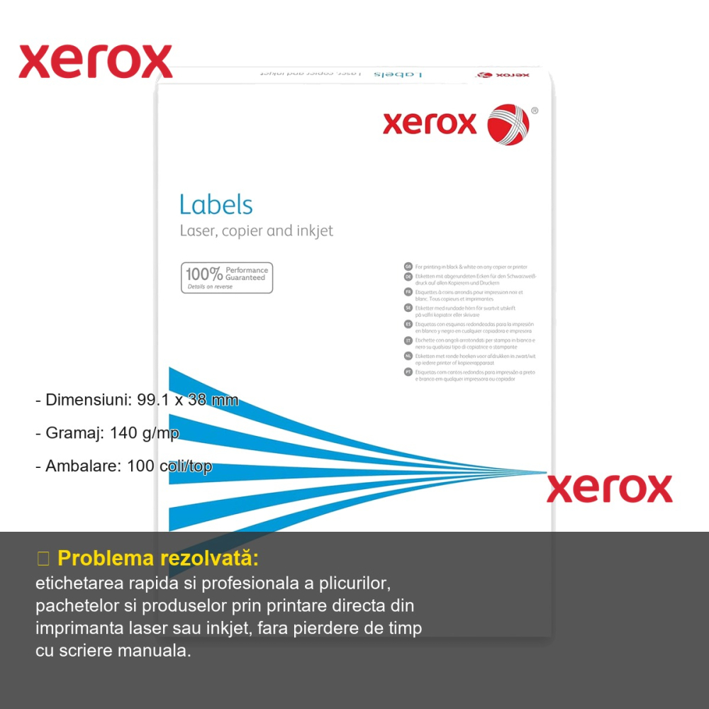Etichete autoadezive Xerox, 99.1 x 38 mm, colturi rotunde, compatibile laser/inkjet, 14 etichete/coala, 100 coli/top [2]