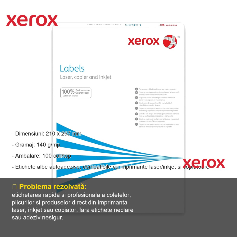 Etichete autoadezive Xerox A4 210x297 mm, colturi drepte, compatibile laser/inkjet, 100 coli/top [2]