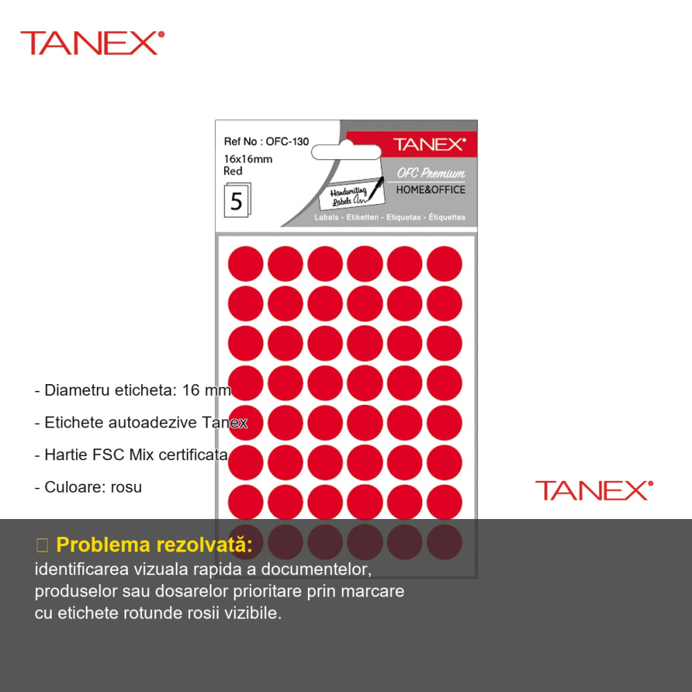 Etichete rotunde autoadezive Tanex, diametru 16 mm, culoare rosie, set 240 bucati pe folii [2]
