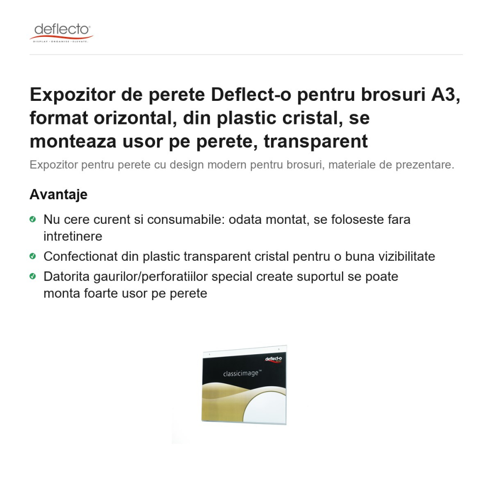 Expozitor de perete Deflect-o pentru brosuri A3, format orizontal, din plastic cristal, se monteaza usor pe perete, transparent [2]