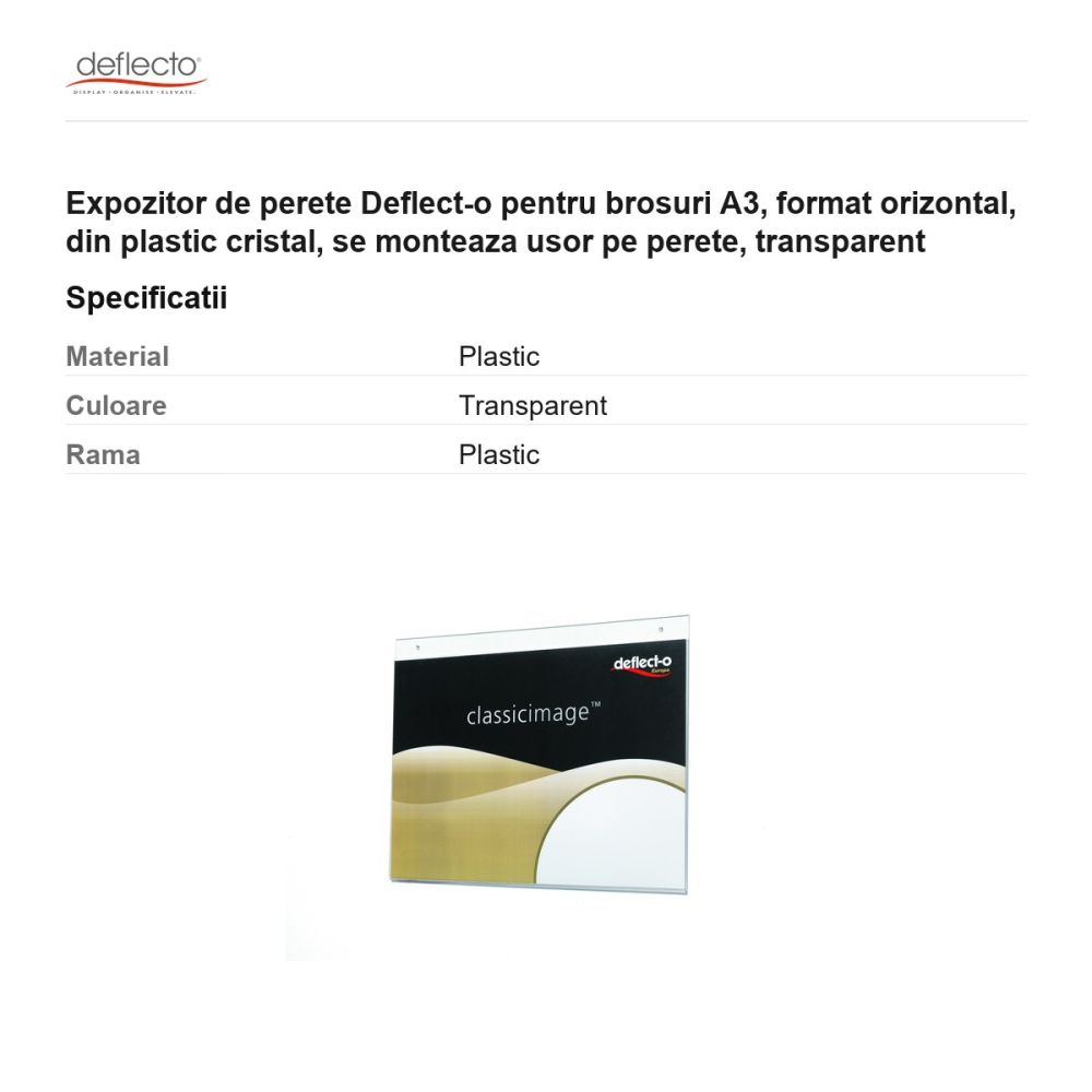 Expozitor de perete Deflect-o pentru brosuri A3, format orizontal, din plastic cristal, se monteaza usor pe perete, transparent [3]